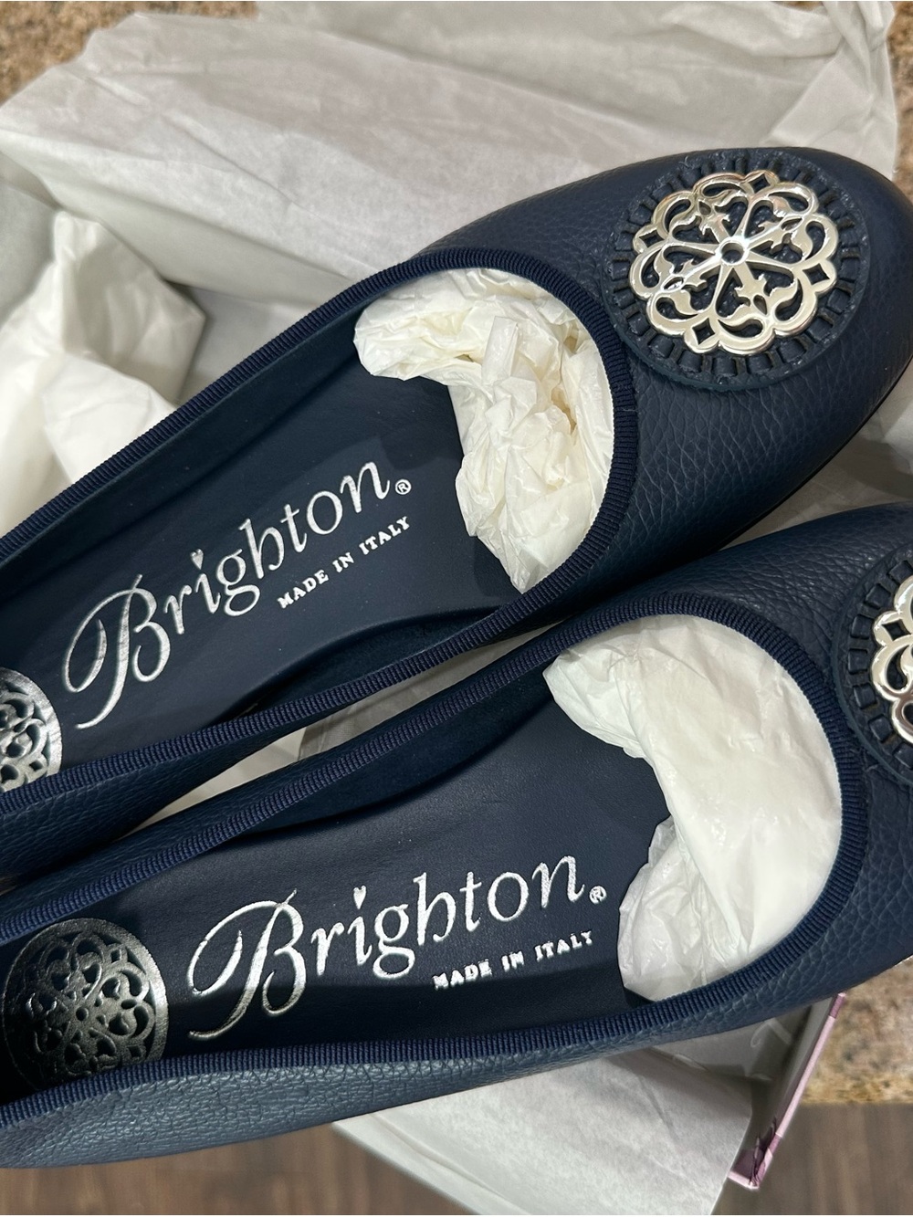 Brighton Navy Leather Ballet Flats with Silver Filigree Medallion